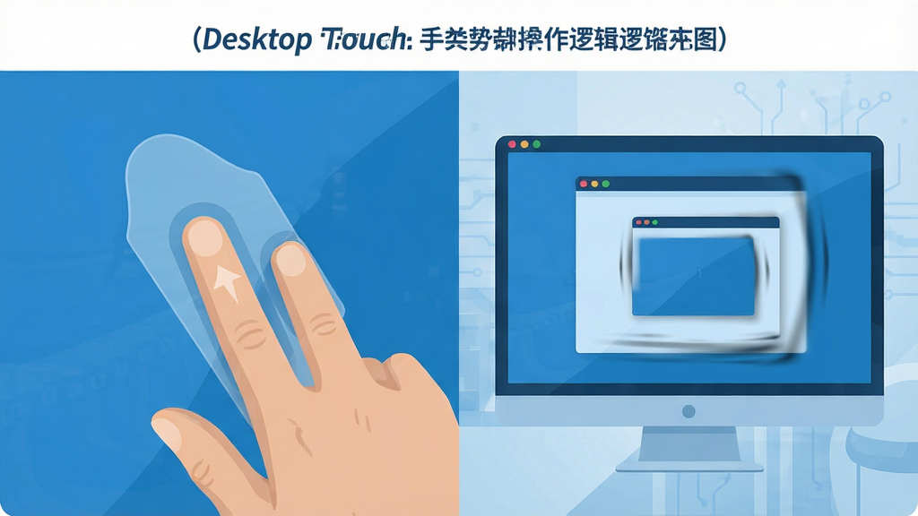 һ��չʾ Desktop Touch ���Ʋ����߼���ʾ��ͼ����������Ļ�����һֻ������������ָ�»�����������Ϊ���ҷ������������ָ������д���Ҳ�����Ļ������֮��С�Ķ���ʾ�⣬���Ϊ��ƽ���Ƽ�������ϸ�ڰ�����͸�������ƹ켣�ߺʹ������ŵĶ�̬ģ��Ч�������������ɾ��������ұ���Ԫ��