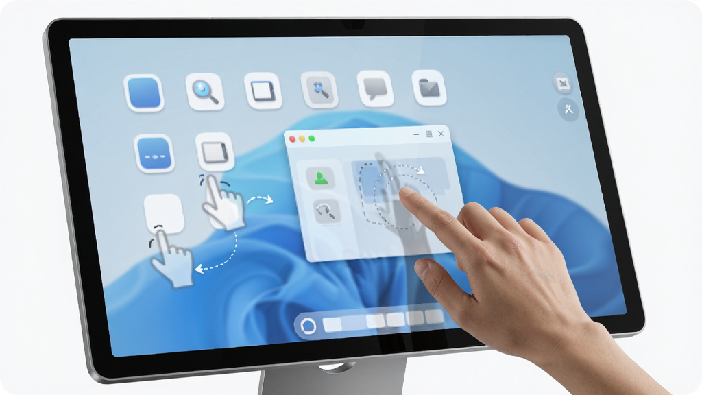 һ��չʾ�ִ�����һ������� Desktop Touch �����ĳ���ͼ�������ǳ����߿�Ĵ�����Ļ����Ļ����ʾ�Ŵ���Բ�Ǿ���ͼ������ƹ켣��������棬����Ϊ���д�ͼչʾ���Ű�ɾ����࣬���Ϊ�ִ��Ƽ���Լ�磬ϸ�ڰ�����ָ������Ļ�ϻ�����ק���ڵ���ӰЧ��������Ϊ4K���壬����ɾ��޶���Ԫ��
