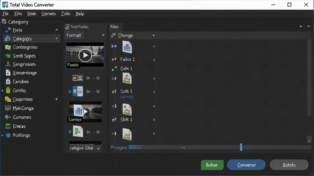 һ����Ϊ Total Video Converter ����������չʾ������Ϊ���������ڣ����ְ��������˵�������๦�ܷ����б����м��ļ��б�����͵ײ�ת����ť���Ű��������룬���Ϊ�ִ��Ƽ�����ɫ���⣬ϸ�ڰ�����Ƶ����ͼ����ʽͼ��ͽ����������ʸ��壬�ɾ����޶���Ԫ��