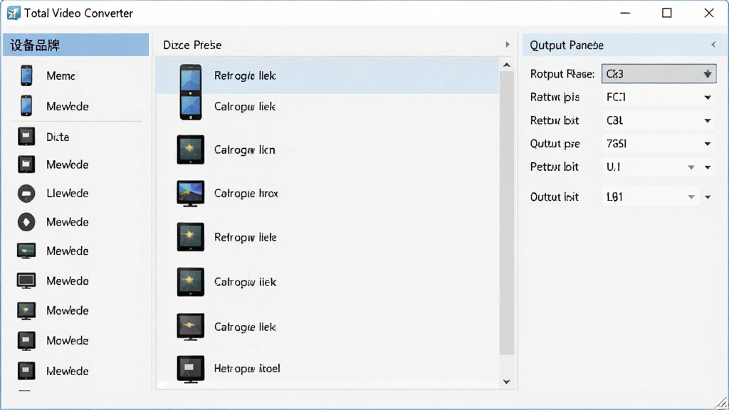 Total Video Converter ����������չʾ�豸Ԥ���б�����������Ϊ�������ڣ��������Ϊ�豸Ʒ�Ʒ��࣬�м�Ϊ�����ͺ��б����Ҳ�Ϊ�������Ԥ�����Ű����룬���Ϊ��ƽ��ǳɫ��ƣ�ϸ�ڰ����ֻ�ͼ�ꡢƽ��ͼ��͵���ͼ�꣬�����������ɾ����޶���Ԫ��