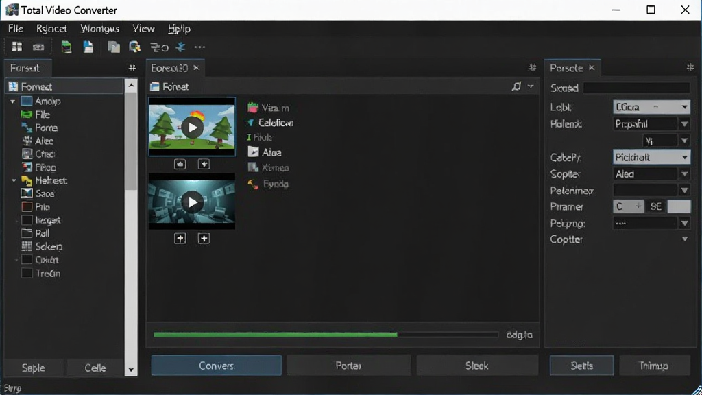Total Video Converter ������ Windows �����ϵĲ��������ͼ����������Ϊ�������ڣ����ְ��������˵�������ʽ���ࡢ�м��ļ��б��͵ײ�ת����ť���Ű����������Ϊ��ɫ�Ƽ��磬ϸ�ڰ�����Ƶ����ͼ���������Ͳ���������壬���ʸ��壬�ɾ����޶���Ԫ��