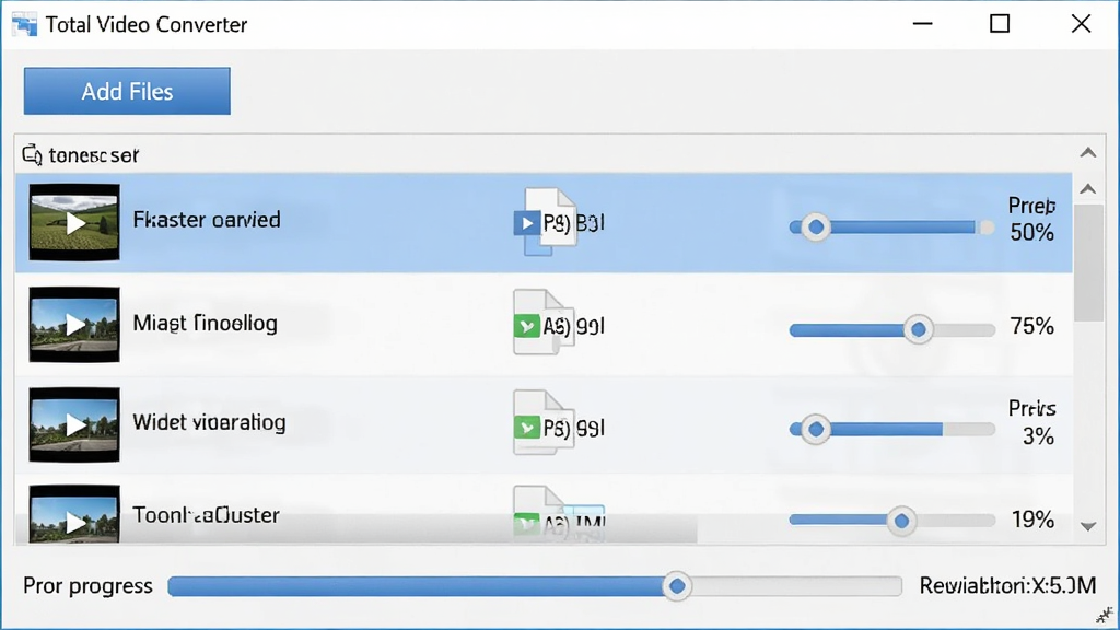 Total Video Converter ����չʾ����ת�������б�����������Ϊ�������ڣ������Ϸ�Ϊ�����ļ���ť���м�Ϊ�����Ƶ�ļ��Ŷ��б����·�Ϊת����������ʣ��ʱ�䣬�Ű����������Ϊ��Լ����磬ϸ�ڰ����ļ����ơ���ʽͼ��ͽ��Ȱٷֱȣ����ʸ��壬�ɾ����޶���Ԫ��