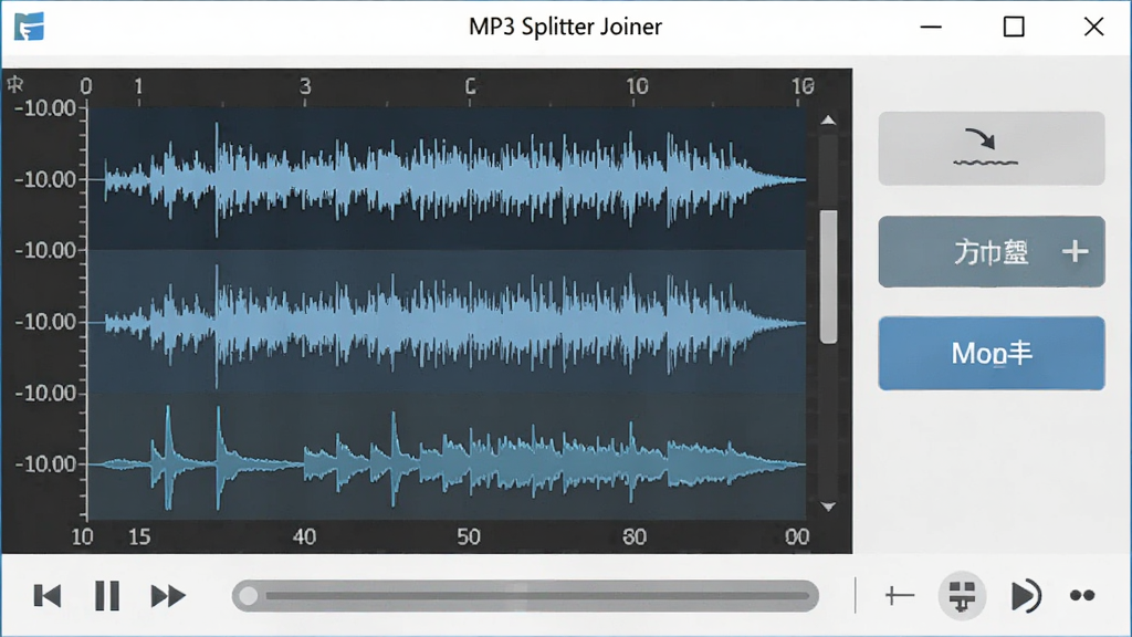 һ�Ÿɾ�����������չʾͼ������������ MP3 Splitter Joiner �Ĵ��ڣ������ʾ��Ƶ���ι�����Ҳ��м�����ϲ���ť������������д�� 
