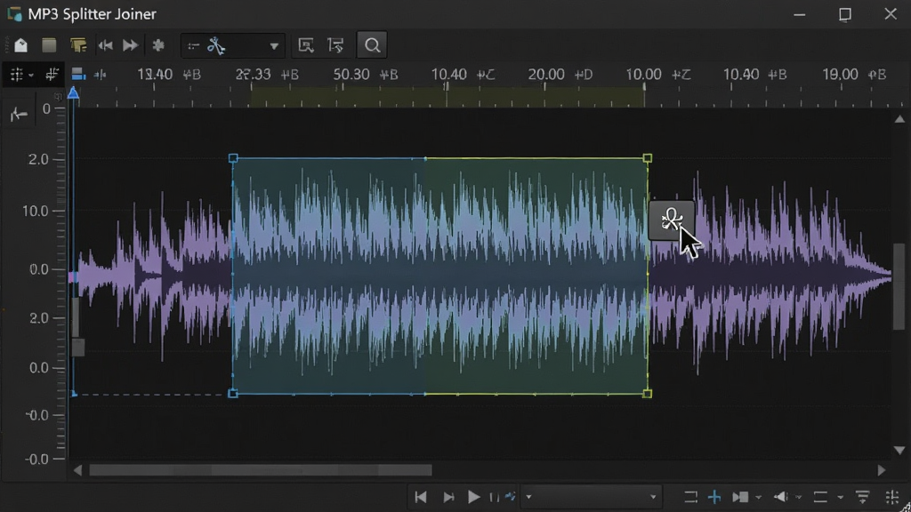 һ����Ƶ���α༭����ͼ����������ʾ MP3 Splitter Joiner �������ڴ���һ�� MP3 ���Σ������������Ե�ѡ�������������ָ��ͣ�ڼ��а�ť�ϣ���������ɫרҵ��Ƶ�༭���棬���Ϊдʵ������ͼ�磬ϸ�ڰ���ʱ����̶ȡ�����ͷ��ѡ���߽磬�����������ɾ����޶���Ԫ��