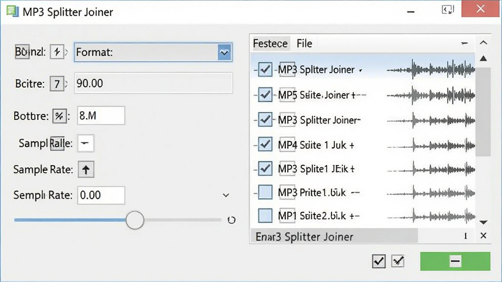 һ�� MP3 Splitter Joiner ����������ͼ����������ʾ��ʽ�����˵���������ѡ��������ʻ��飬�Ա����ļ��б�չʾ�����������Ƶ�����Ϊ��ˬ���������磬ϸ�ڰ���������ֵ����ѡ����ȷ�ϰ�ť�������������ɾ����޶���Ԫ��