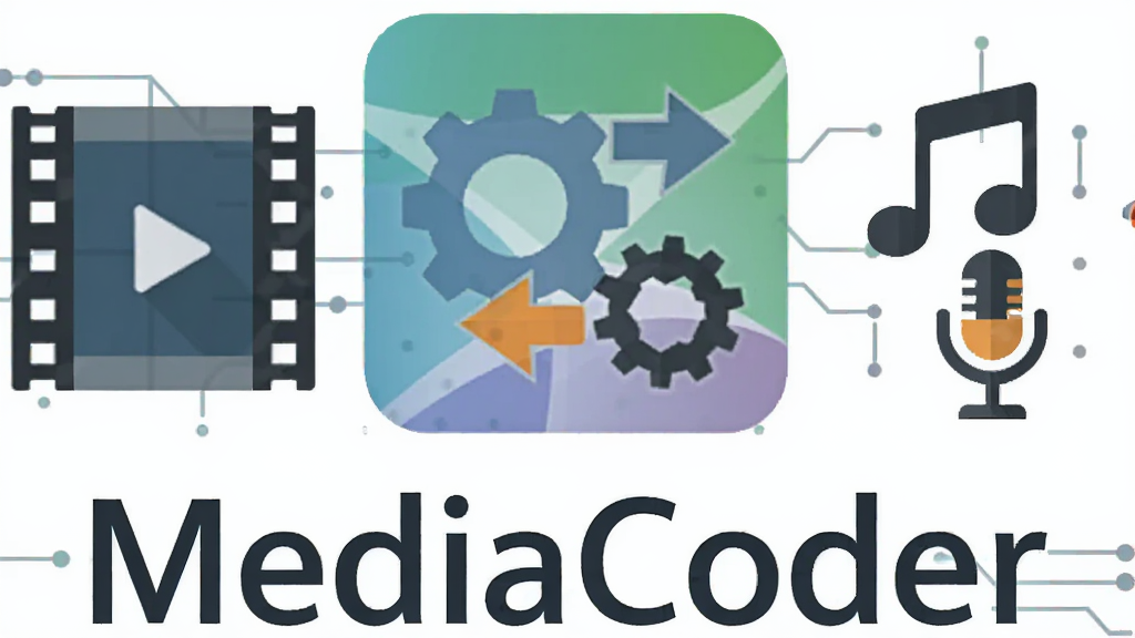MediaCoder 功能特色展示图,主体是软件图标与多个功能模块的抽象组合,左侧是视频胶片图标,中间是齿轮与转换箭头,右侧是音乐音符与麦克风图标,下方有“MediaCoder”文字标识,风格为扁平化科技风,布局均衡,细节清晰,画质高清,干净,无多余元素