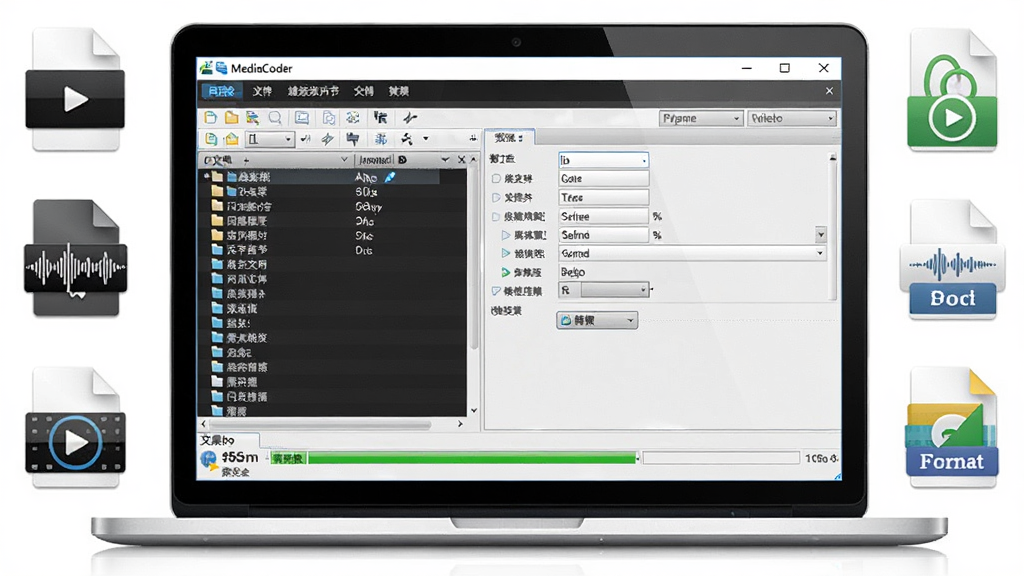 MediaCoder 软件界面全貌展示,主体是一台打开的笔记本电脑屏幕,屏幕上显示 MediaCoder 中文版主界面,布局包含顶部菜单栏、左侧文件列表区、中间参数设置面板、底部转换进度条,周围有视频文件图标、音频波形图标、格式标签环绕,风格为写实科技风,细节清晰,画质高清,干净,无多余元素