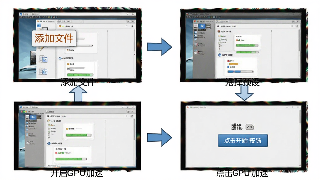 MediaCoder 使用教程示意图,主体是电脑屏幕上的操作步骤截图,分四个画面展示:添加文件、选择预设、开启GPU加速、点击开始按钮,每个画面配有简洁箭头指引,风格为教程图解风,细节清晰,画质高清,干净,无多余元素