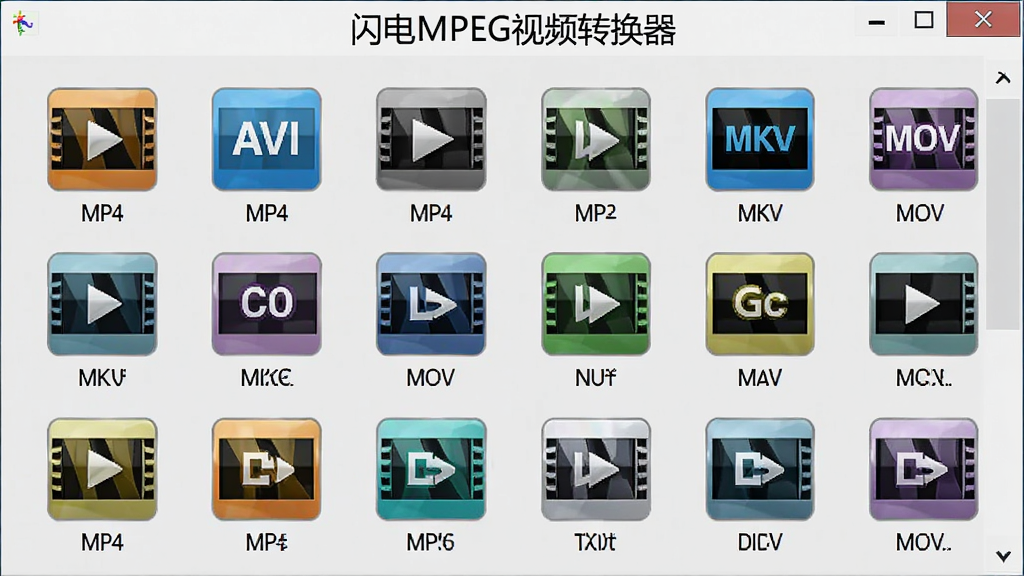画面展示闪电MPEG视频转换器的格式选择界面,多个视频格式图标以网格形式排列,包括MP4、AVI、MKV、MOV等,每个图标下方标注格式名称,界面背景为浅灰色,图标色彩鲜明,布局整齐,顶部有“闪电MPEG视频转换器”标题,干净简洁,高清画质
