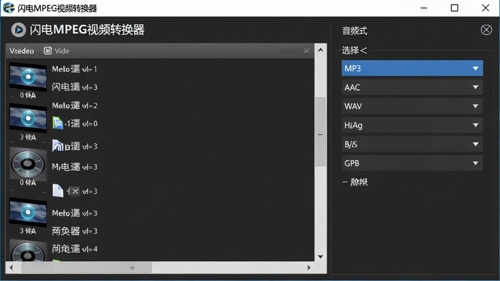 画面展示闪电MPEG视频转换器的音频提取功能界面,左侧是视频文件列表,右侧是音频格式选择区域,显示MP3、AAC、WAV等选项,界面中有“闪电MPEG视频转换器”文字标识,背景干净,布局清晰,高清画质