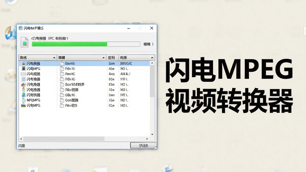 闪电MPEG视频转换器在电脑桌面上的运行截图,软件窗口显示转换进度条和文件列表,旁边有提示文字“闪电MPEG视频转换器”,画面风格简洁,背景为浅色桌面,高清画质,干净无多余元素