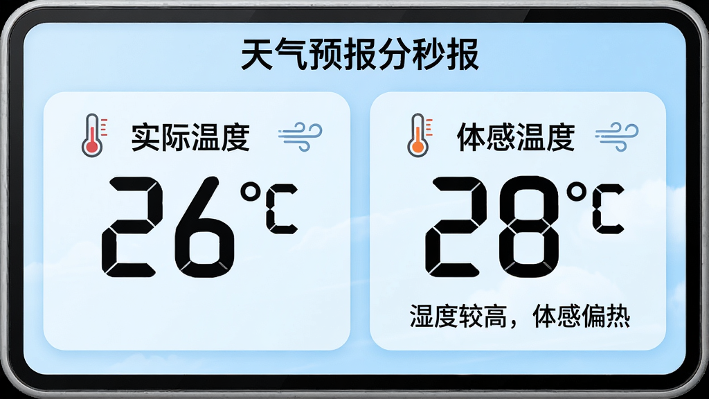 ����Ϊ������Ԥ�����뱨�����¶���ʾģ����д�������в�����ʾ��ʵ���¶� 26�桱�롰����¶� 28�桱�����ִ����Ŀ������Ϊ����Ƭʽ��ƣ�����Ϊ����ɫ���䡣���Ϊ�������·磬ϸ�ڰ����¶ȼ�ͼ�ꡢ΢��ͼ���Լ�����˵����ʪ�Ƚϸߣ����ƫ�ȡ������ʸ��壬�ɾ����޶���Ԫ�ء�
