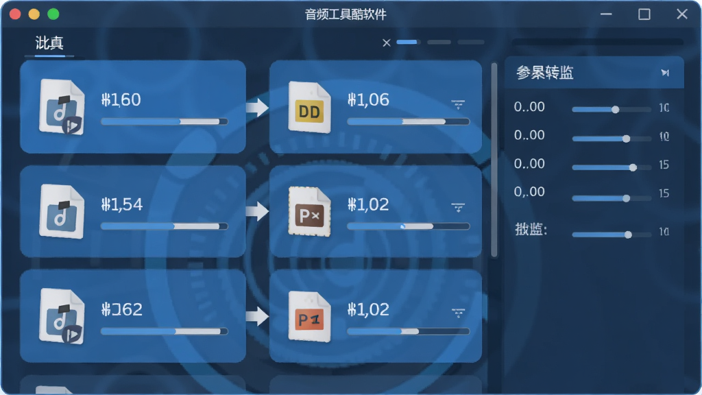 音频工具酷软件界面中展示批量格式转换功能,主体为软件窗口,窗口内排列着多个音频文件图标和指向不同格式的箭头,布局为左侧文件列表右侧参数设置面板,排版采用卡片式分区,风格为扁平化商务蓝调,细节上每个文件旁显示格式后缀和进度条,画质清晰,干净无多余元素