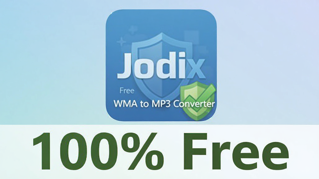 Jodix Free WMA to MP3 Converter 免费无广告宣传图,主体为软件图标与“100% Free”字样组合,布局为居中展示,排版采用上下结构,风格为清爽扁平化设计,细节包括绿色对勾标记、盾牌安全图标、简洁的背景渐变,画质清晰,无多余元素