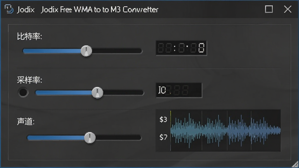 Jodix Free WMA to MP3 Converter 音质设置面板特写图,主体为软件界面中的参数调节区域,布局为纵向排列的比特率、采样率、声道选项,排版简洁,风格为专业音频软件风格,细节包括滑块控件、数值显示框、音质波形示意图,画质清晰,界面干净,无多余元素