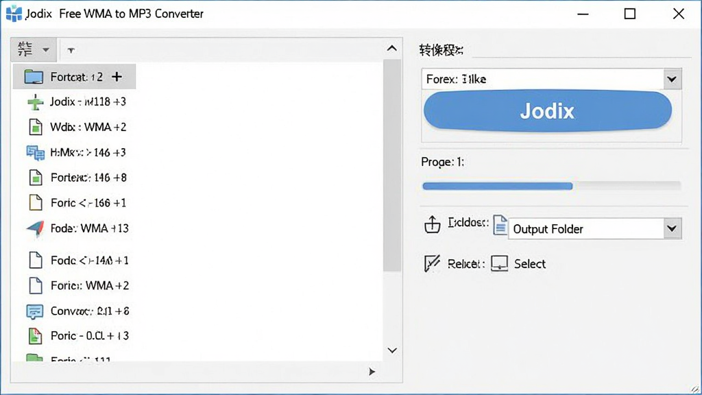 Jodix Free WMA to MP3 Converter 软件主界面预览图,主体为一款简洁的音频转换工具窗口,布局采用左侧文件列表、右侧转换参数设置面板的经典结构,排版清晰,风格为现代简约商务风,细节包括蓝色的转换按钮、文件格式下拉菜单、进度条和输出文件夹选择选项,画质清晰,界面干净,无多余元素