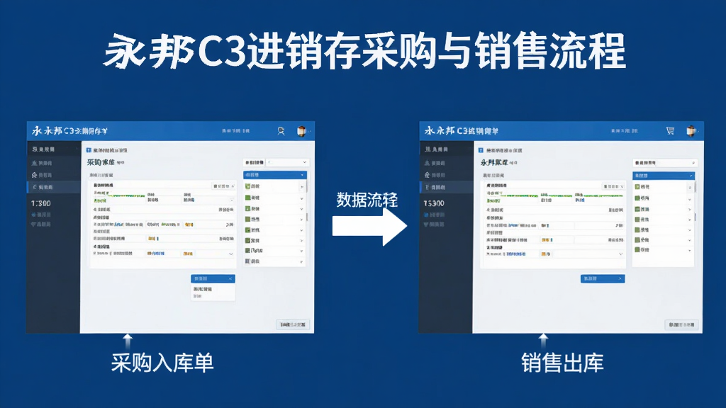 一张展示永邦C3进销存采购与销售流程的AI生成图,画面左侧为采购入库单据界面,右侧为销售出库单据界面,中间以箭头连接表示数据流转,界面风格统一为蓝白色调,布局对称,风格商务简洁,画质清晰,干净无多余元素