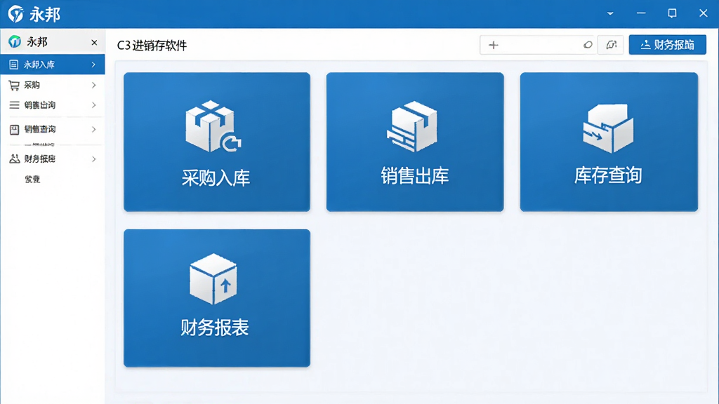 一张永邦C3进销存软件主界面截图风格的AI生成图,画面中央为软件主界面,展示采购入库、销售出库、库存查询、财务报表等功能模块图标,界面布局清晰,配色以蓝白为主,整体风格简洁商务,画面干净,画质清晰,无多余元素