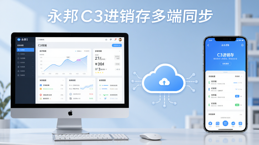 一张展示永邦C3进销存多端同步的AI生成图,画面左侧为电脑端软件界面,右侧为手机端应用界面,中间以云朵图标连接表示数据同步,整体配色清新明亮,布局左右对称,风格现代简洁,画质清晰,无多余元素