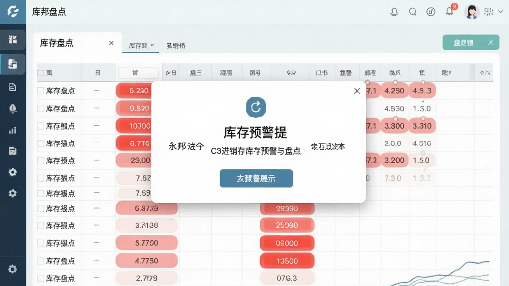 一张永邦C3进销存库存预警与盘点功能展示的AI生成图,画面中央为库存预警提示弹窗,背景为库存盘点表格,表格中部分数据以红色高亮显示,整体配色清新浅色,布局清晰,风格简洁,画质干净,无多余元素