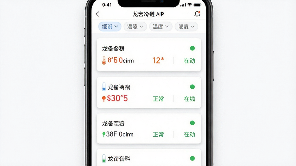 һ��չʾ��ۻ�������豸���й������ܵ�AI��ͼ����������Ϊ��ۻ����APP���豸�б��������棬����Ϊ�����з���ɸѡ��ǩ���в�Ϊ�豸��Ƭ�б���ÿ����Ƭ��ʾ�豸���ơ��¶ȡ�����״̬���Ű�Ϊ��������б������Ϊ��ˬ��Լ���ƶ���UI���ϸ�ڰ�����Ƭ����΢��Ӱ��״ָ̬ʾ��Ϊ��ɫԲ�㡢�¶���ֵ�ò�ͬ��ɫ�����������쳣������Ϊ���塢�ɾ����޶���Ԫ��