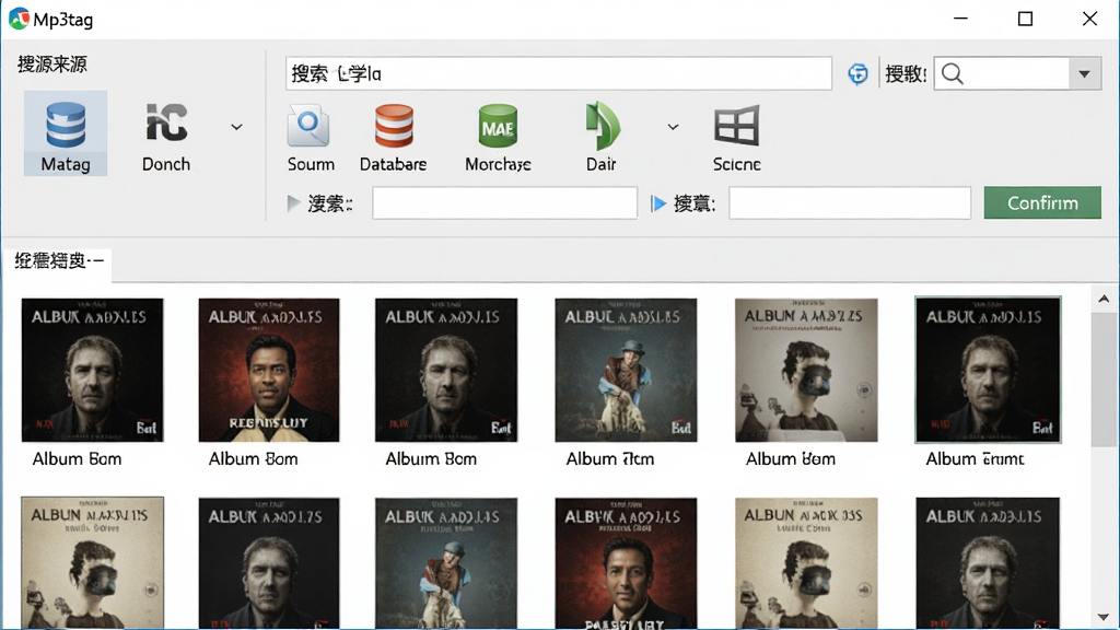 Mp3tag软件在线数据库匹配功能的操作界面,主体为标签来源选择与搜索结果列表,布局上方为搜索条件输入区,下方为匹配到的专辑信息与封面预览,排版清晰直观,风格为软件功能界面写实风,细节包含多个数据库图标、专辑封面缩略图、确认按钮,画质高清,画面干净,无多余元素