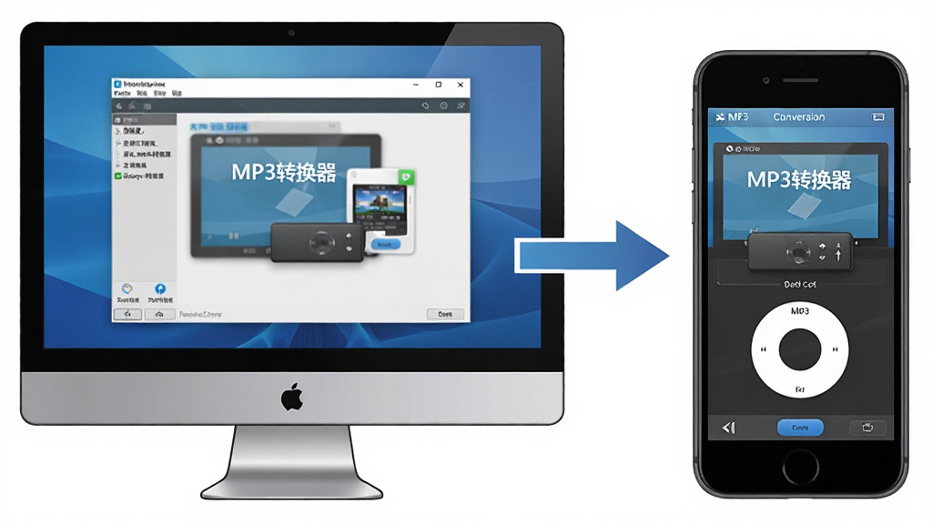 一张展示MP3转换器在电脑和手机上同步使用的图片,画面左侧是电脑屏幕显示