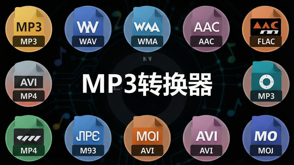 一张展示MP3转换器格式兼容性的图片,画面中央是软件名称