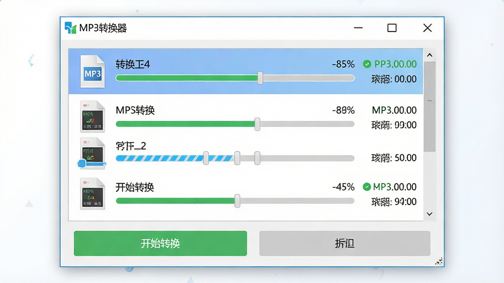 一张展示MP3转换器批量转换功能的图片,画面中央是软件界面截图风格的