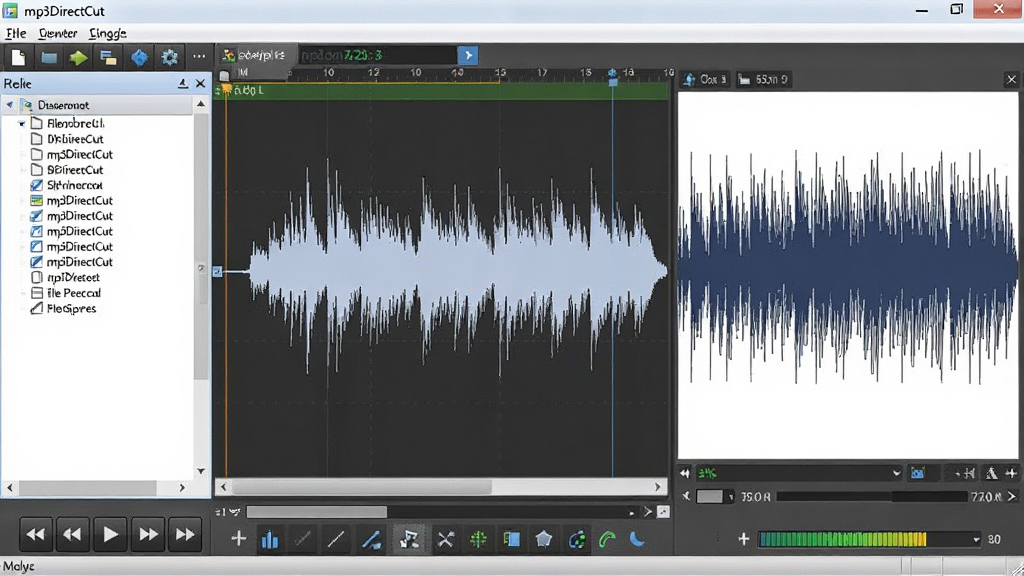 mp3DirectCut����������չʾ�����������Ǽ�����Ƶ���α༭���ڣ����Ϊ�ļ��б������Ҳ�Ϊ������ʾ�����ײ��в��ſ��ư�ť�ͼ��������������岼�ָɾ���ˬ�����Ϊ�ִ����������ͼ��ϸ�ڰ����˵�����ʱ���ᡢ�������������������ɾ����޶���Ԫ��