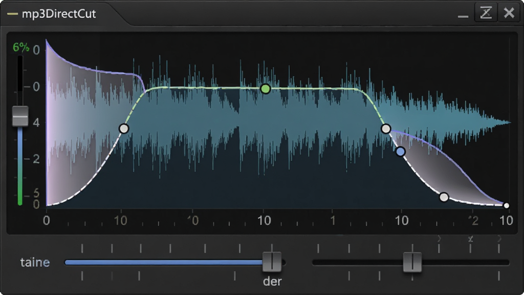 mp3DirectCut�����������ʾ��ͼ������չʾһ����Ƶ���Σ������ϵ��������������ߣ�һ���е������ߣ���һ���е������ߣ�����Ϊ������壬���Ϊרҵ��Ƶ�������棬ϸ�ڰ������滬�顢�ֱ��̶ȡ����߿��Ƶ㣬�����������ɾ����޶���Ԫ��