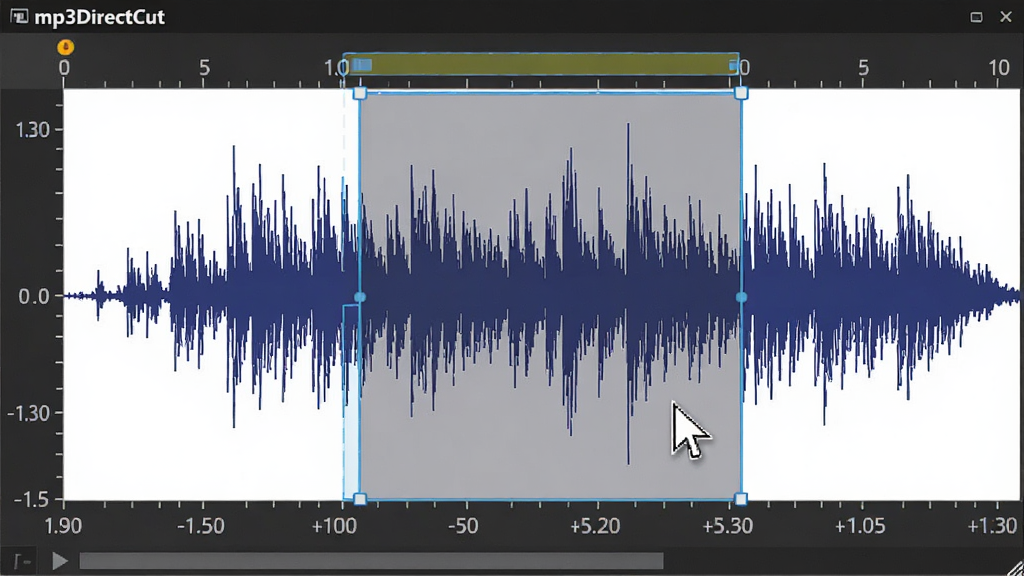 mp3DirectCut���α༭������д������չʾ�Ŵ�����Ƶ���Σ��������������Ŀ̶Ⱥ�ʱ���ǣ�һ�����ָ�������϶�ѡ�����򣬲���Ϊ������д�����Ϊдʵ������ͼ��ϸ�ڰ������η�ֵ��ʱ���ᡢѡ�������������������ɾ����޶���Ԫ��