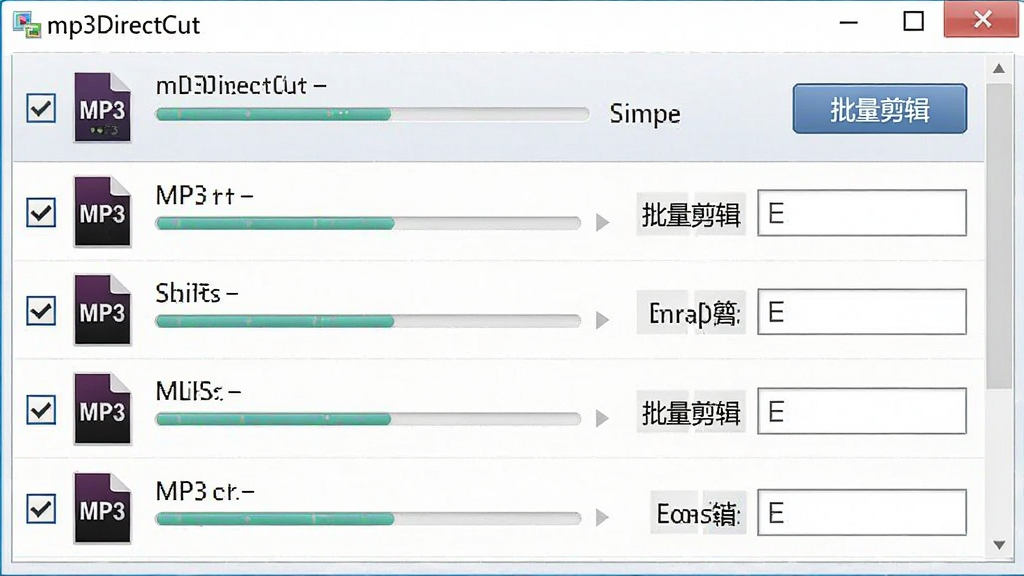 mp3DirectCut������������չʾ����������ʾ���MP3�ļ����г��б���ÿ���ļ�ǰ�и�ѡ���Ҳ��С�������������ť������Ϊ�����б�ʽ�����Ϊ���칫�������棬ϸ�ڰ����ļ�ͼ�ꡢ����������ǩ�༭�򣬻����������ɾ����޶���Ԫ��