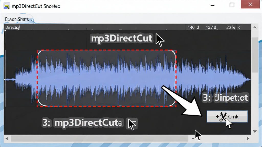mp3DirectCut���ֲ��������ͼ������չʾ�����򿪺�������ڣ����������ú�ɫ���߿��ע��ѡ�����Ա��м�ͷָ����а�ť������Ϊ��ѧʾ��ͼ���ϸ�ڰ�����ע���֡�����������š����ָ�룬�����������ɾ����޶���Ԫ��