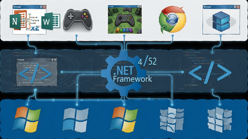 һ��չʾ Microsoft .NET Framework 4.5.2 ���Ĺ��ܵĸ���ͼ��������÷ֲ�ṹ���ײ��� Windows ϵͳͼ�꣬�м���Ǵ��� .NET Framework 4.5.2 ����ɫ��������������ϣ��ϲ��Ǹ���Ӧ�ó���ͼ�꣬��칫��������Ϸ���ߡ�������ȣ�ͨ�������������ӵ��ײ��ܣ�������Ϊ�Ƽ��б�ƽ�廭��ɫ�������׻�Ϊ����ϸ�ڰ������������������ߡ����򴰿ڣ��������������־��⣬����ɾ����޶���Ԫ�ء�