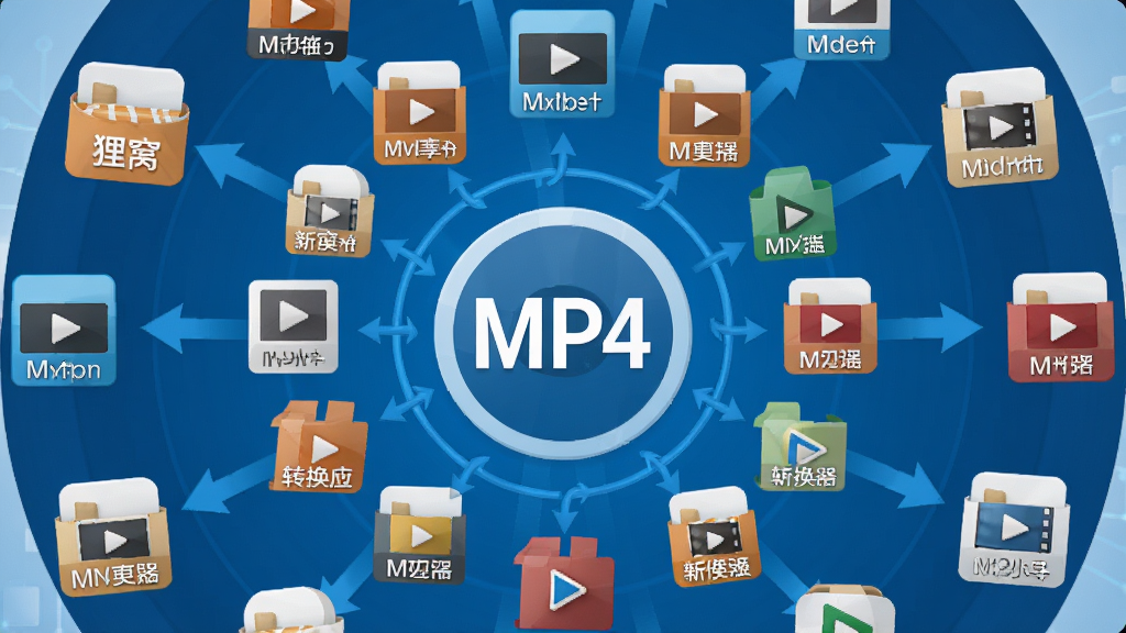 狸窝超级MP4转换器全格式互转功能展示图,主体为多种视频格式图标环绕MP4核心图标,布局为圆形放射状排列,排版中心突出,风格为扁平化科技蓝,细节包含格式名称标签与转换箭头,画质高清干净无多余元素