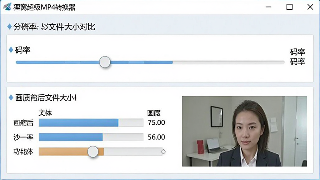 狸窝超级MP4转换器视频压缩参数调节界面,主体为分辨率与码率滑块调节面板,布局为上下分层式参数设置区,排版简洁直观,风格为浅色商务风,细节包含压缩前后文件大小对比条与画质预览窗口,画质高清干净无多余元素