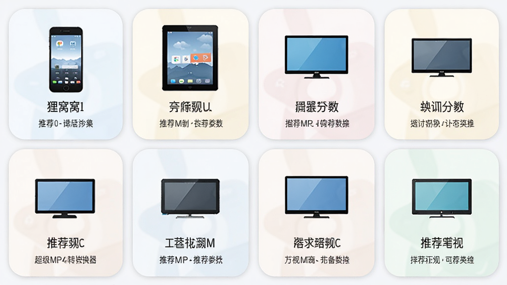狸窝超级MP4转换器设备预设选择界面,主体为手机、平板、电视等设备图标列表,布局为网格状卡片排列,排版整齐规范,风格为柔和圆角设计,细节包含设备名称标签与推荐参数提示,画质高清干净无多余元素
