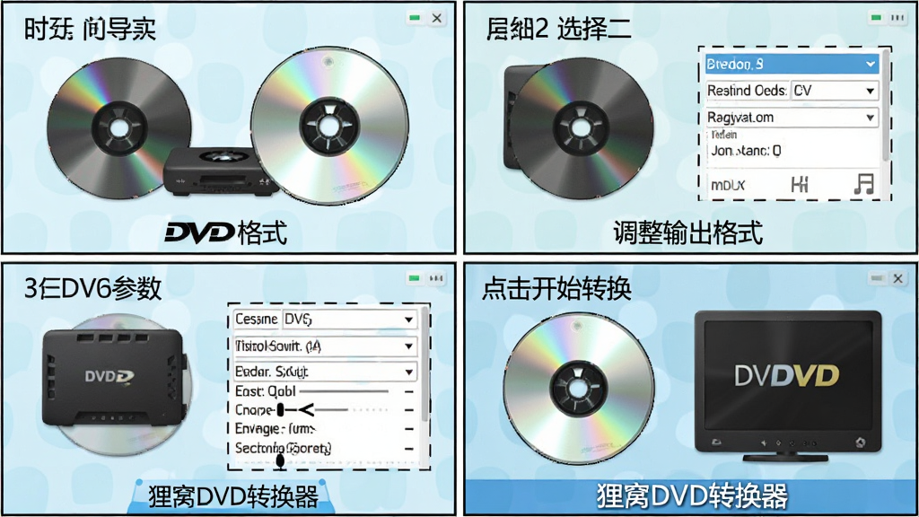 ����DVDת������������ʾ��ͼ���������ĸ�������ʽչʾ����һ����DVD���̣��ڶ���ѡ�������ʽ��������������������ĸ�����ʼת���������������죬ÿ�����м������˵��������ײ����С�����DVDת��������ʶ�������������ɾ����޶���Ԫ��