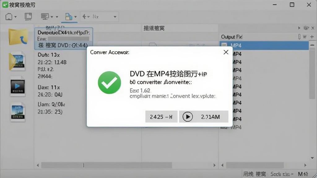 һ��չʾ����DVD��MP4ת����ת����ɽ����ͼƬ������Ϊ��������ת���ɹ���ʾ���Ա���ʾ����ļ���·���������ɵ�MP4�ļ��б�������Ϊ���е����ӱ����������棬�Ű�Ϊ����ͼ��񣬷��Ϊ��ˬ���磬ϸ�ڰ�����ɫ�Թ�ͼ�ꡢ�ļ���С�����Ű�ť�������������ɾ����޶���Ԫ��