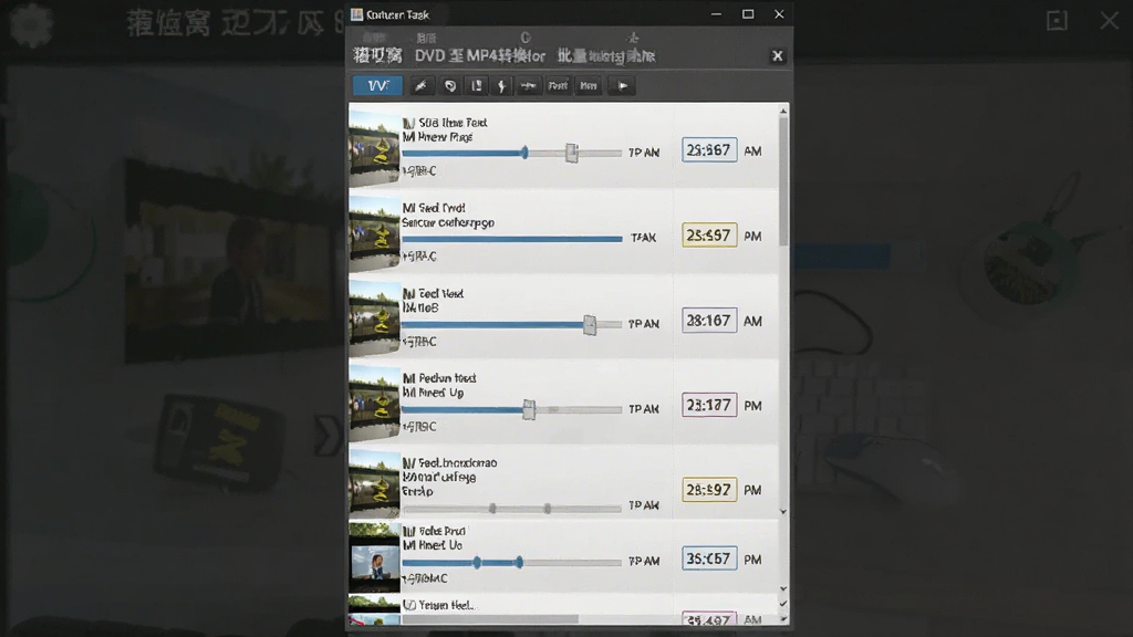 һ��չʾ����DVD��MP4ת��������ת�����ܵ�ͼƬ������Ϊ���������ж����Ƶ�����Ŷӵȴ�ת��������Ϊ�����б�չʾ��������Ű�Ϊ��������ͼ��񣬷��Ϊ���칫�磬ϸ�ڰ���ÿ������Ľ�������ʣ��ʱ�䡢�����ʽ��ǩ�������������ɾ����޶���Ԫ��