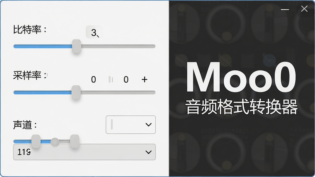一张音频参数调节面板的示意图,画面中显示比特率、采样率、声道等选项滑块与下拉菜单,旁边有“Moo0 音频格式转换器”文字标识,界面风格扁平化,干净整洁,画质清晰。