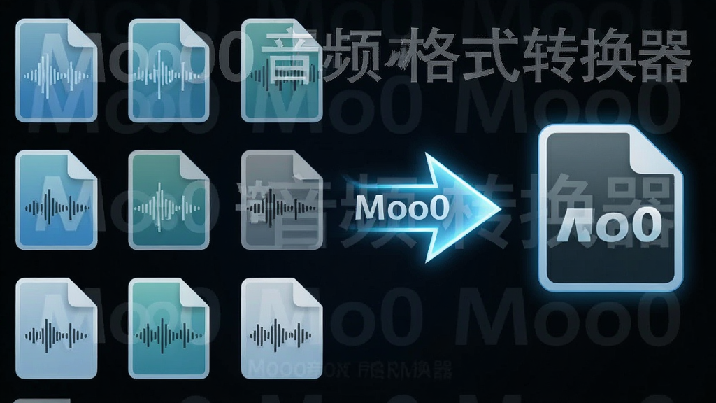 一张表现批量转换概念的图片,画面中多个音频文件图标整齐排列,中间有一个发光的转换箭头指向统一的输出格式图标,背景带有“Moo0 音频格式转换器”字样的半透明水印,整体风格简洁科技感,画质清晰干净。