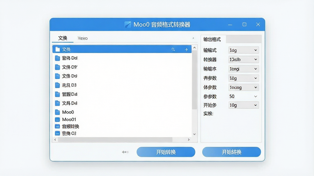一张简洁明亮的软件界面概念图,画面中央是“Moo0 音频格式转换器”主窗口,左侧为文件列表区,右侧为输出格式与参数设置面板,底部有开始转换按钮,整体采用蓝白配色,风格清爽现代,无杂乱元素,画质清晰干净,适合作为软件下载站头图。