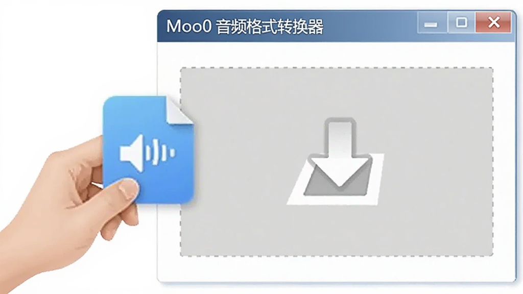 一张表现拖拽操作的概念图,画面中一只手将音频文件图标拖入“Moo0 音频格式转换器”窗口,窗口内有明显的拖放提示区域,整体风格轻松友好,画质干净明亮。