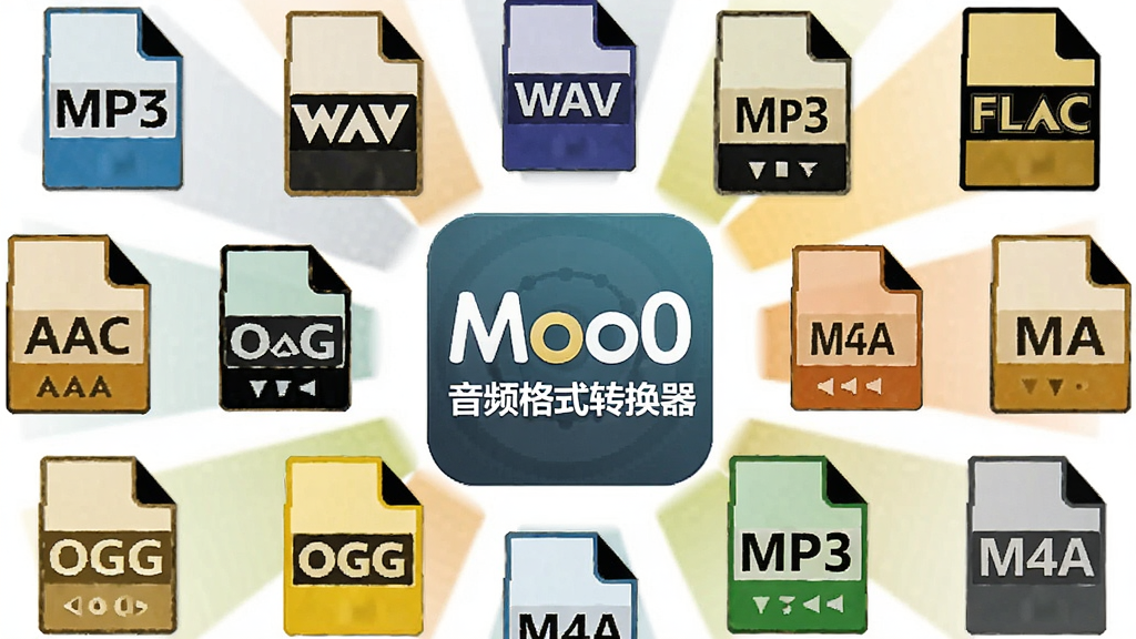 一张展示音频格式图标环绕的图片,中心是“Moo0 音频格式转换器”软件图标,四周分布 MP3、WAV、FLAC、AAC、OGG、M4A 等格式标识,整体布局呈圆形放射状,风格简洁明快,画质干净无多余装饰。