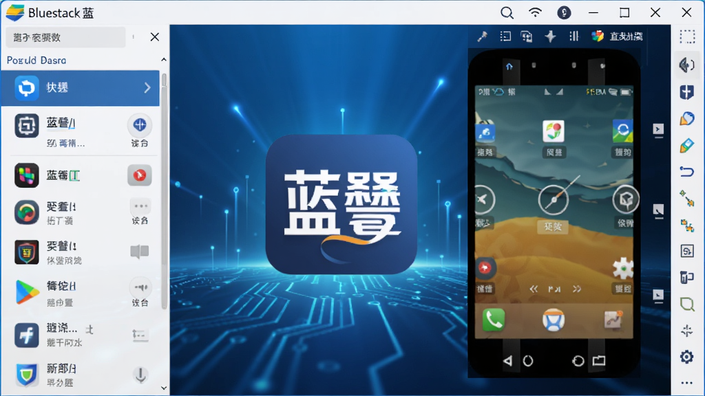 Bluestacks��������������ȫòչʾ��������������Ŀ�������ٷ�Logo������Ϊ�����Ƽ��е���ɫ�����Ч�������Ӧ���б������Ҳ��ǰ�׿����ģ�����򣬲��ּ�����������ִ��Ƽ��У�ϸ�������ɼ�ģ�������ڱ߿��빦�ܰ�ť�����ʳ��壬�ɾ��޶���Ԫ��