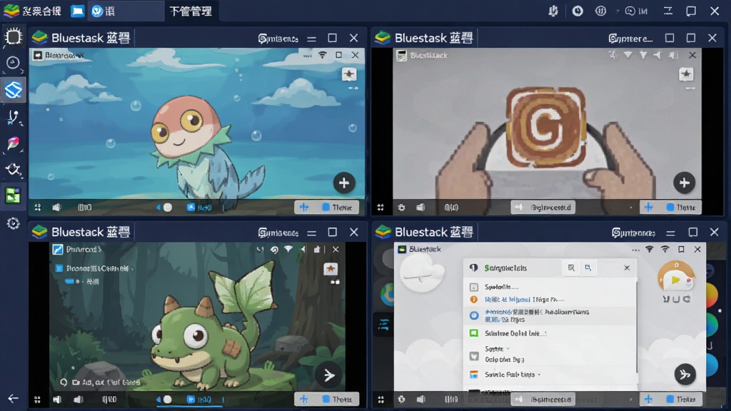 Bluestacks�����࿪���������棬��Ļ�������������ĸ���׿ģ�������ڣ�ÿ���������в�ͬ��Ӧ�ã�����Ϊ����״�����Ϊ������ͼ�磬ϸ��չʾ���ڱ�������ͬ��������ť�������������ɾ��޶���Ԫ��