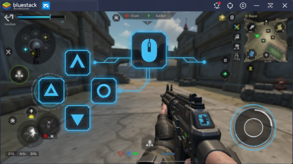 Bluestacks��������ӳ�����ý��棬������չʾһ�������Ϸ���棬��Ļ��������WASD������������������ӳ��ͼ�꣬��������ֱ�ۣ����Ϊ�Ƽ�������ϸ�ڱ��ְ���ͼ��ĸ��������ߣ����ʸ��壬�ɾ��޶���Ԫ��