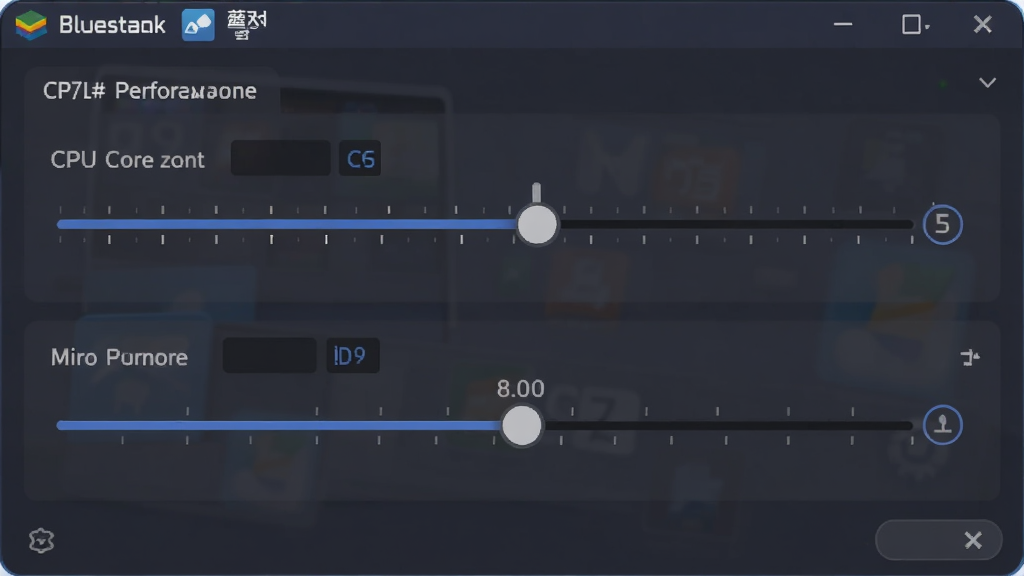 Bluestacks�������ý����е�����ѡ����壬����չʾCPU���������ڴ���们�飬�������������Ϊ��ɫģʽUI��ϸ�ڱ��ֻ���̶�����ֵ��ʾ�����ʸ��壬�ɾ��޶���Ԫ��